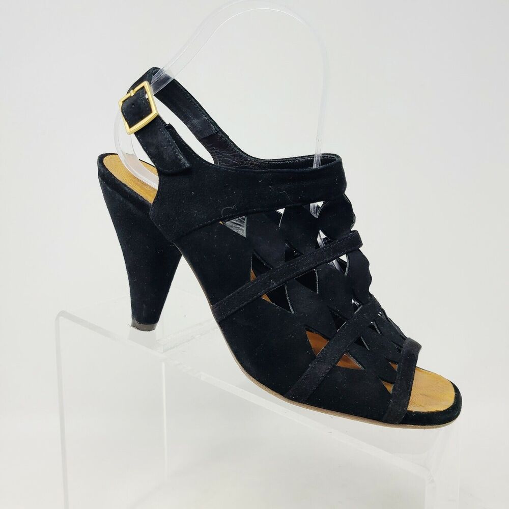 Chie Mihara 39.5 Booties Black Suede Cut Out Peep Toe Anke Boots Heels US 9-9.5